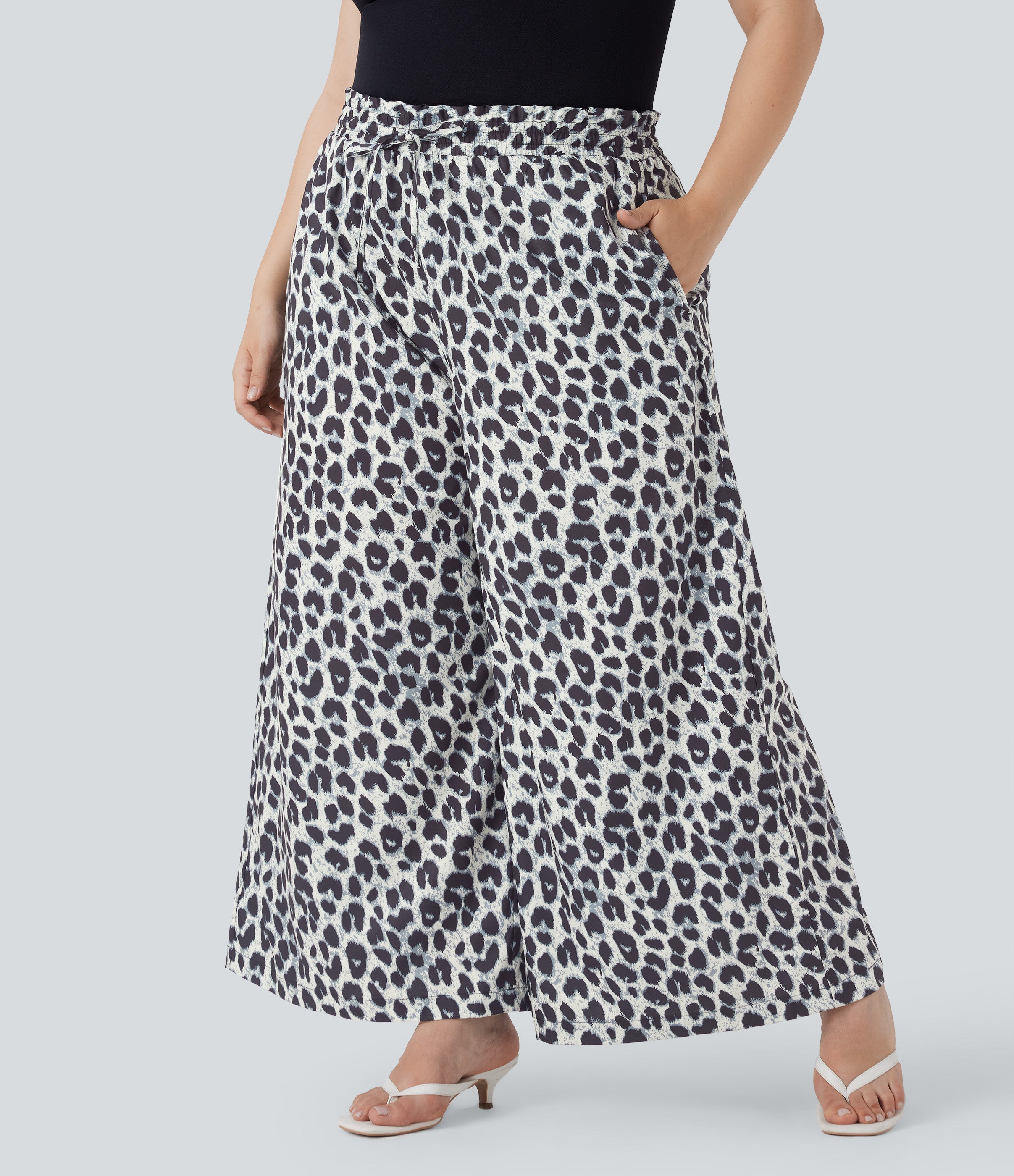 Plus Size High Waisted Drawstring Leopard Print Wide Leg Casual Pants with Pockets