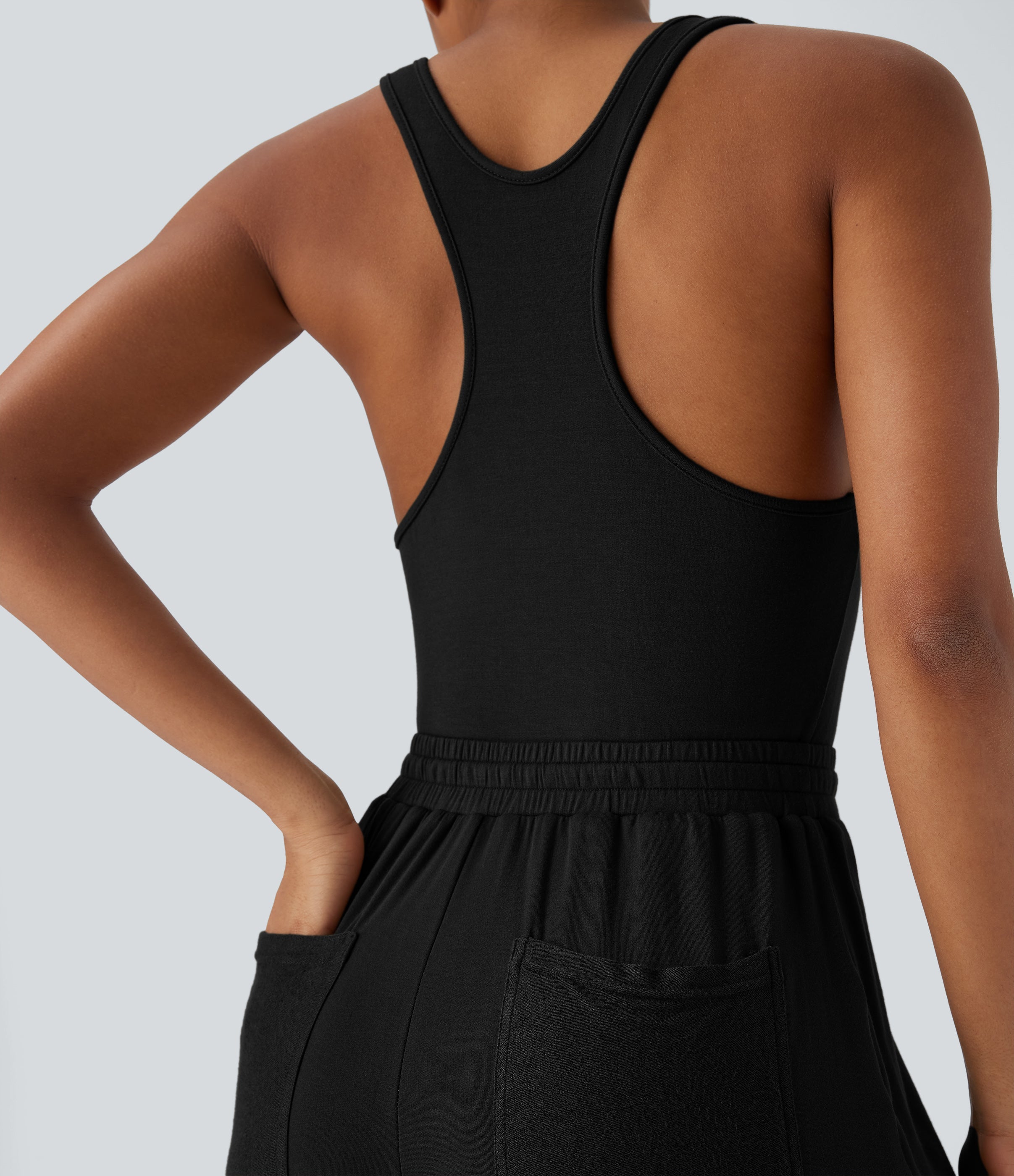U Neck Racerback Drawstring Casual Jumpsuit with Pockets