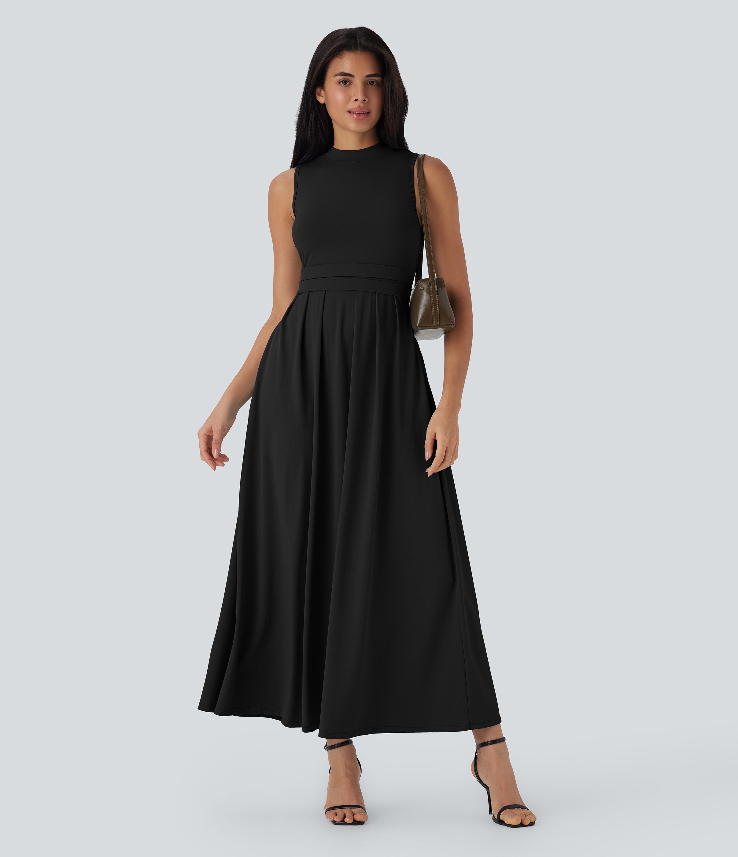 Stand Collar Sleeveless Flare Maxi Casual Dress with Pockets