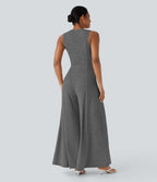 Henley Neck Sleeveless Wide Leg Flowy Casual Jumpsuit with Pockets