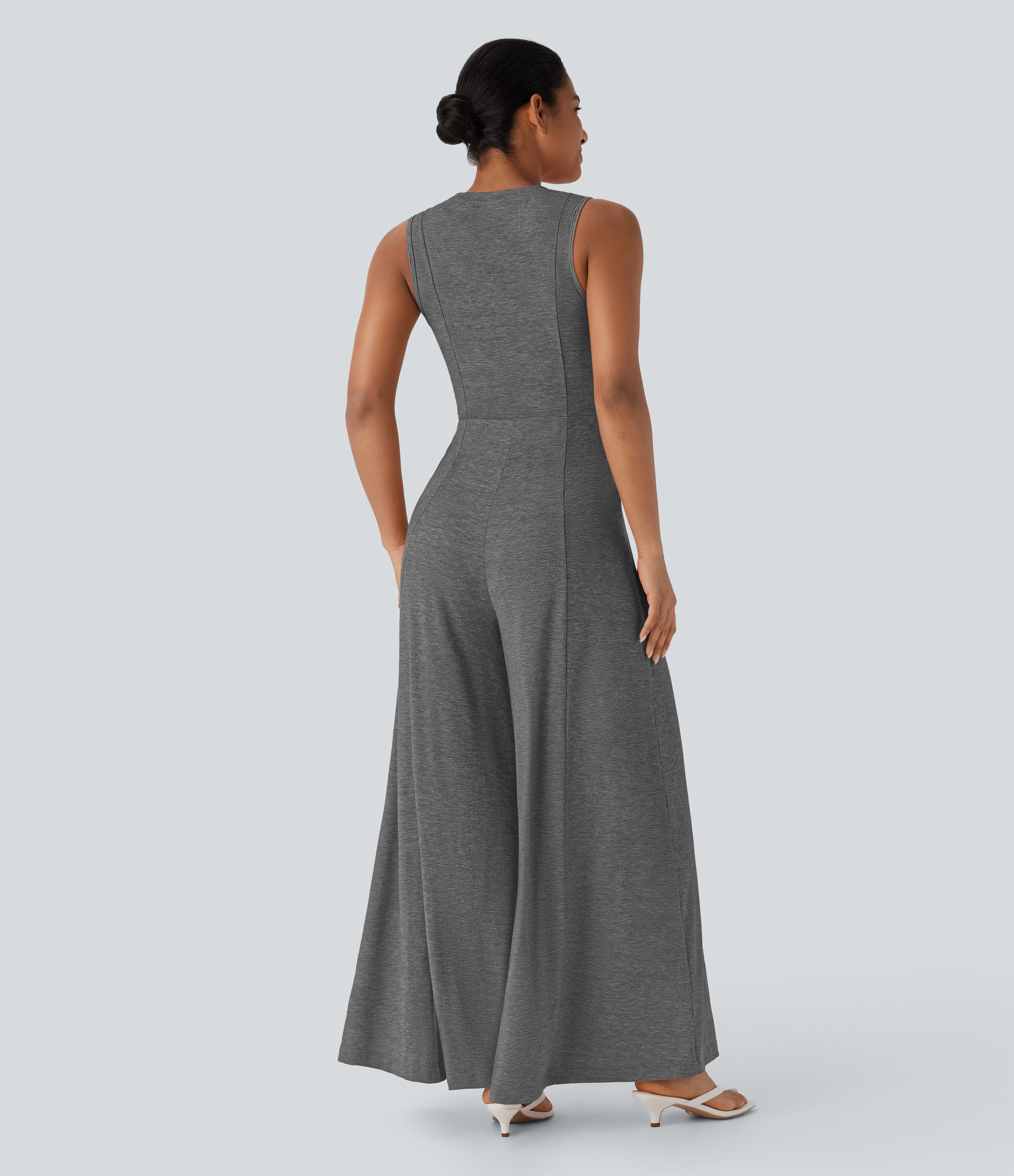 Henley Neck Sleeveless Wide Leg Flowy Casual Jumpsuit with Pockets