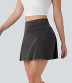 FlexTM High Waisted 2-in-1 A Line Mini Washed Denim Casual Skirt with Pockets