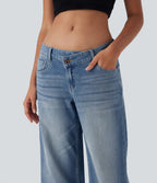 FlexTM Asymmetric Low Rise Zipper Pockets Baggy Wide Leg Washed Casual Jeans