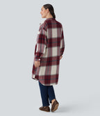 Plaid Curved Hem Longline Casual Jacket with Pockets