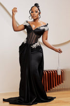 Off Shoulder Corset Rhinestone Satin Gown Maxi Dresses-Black