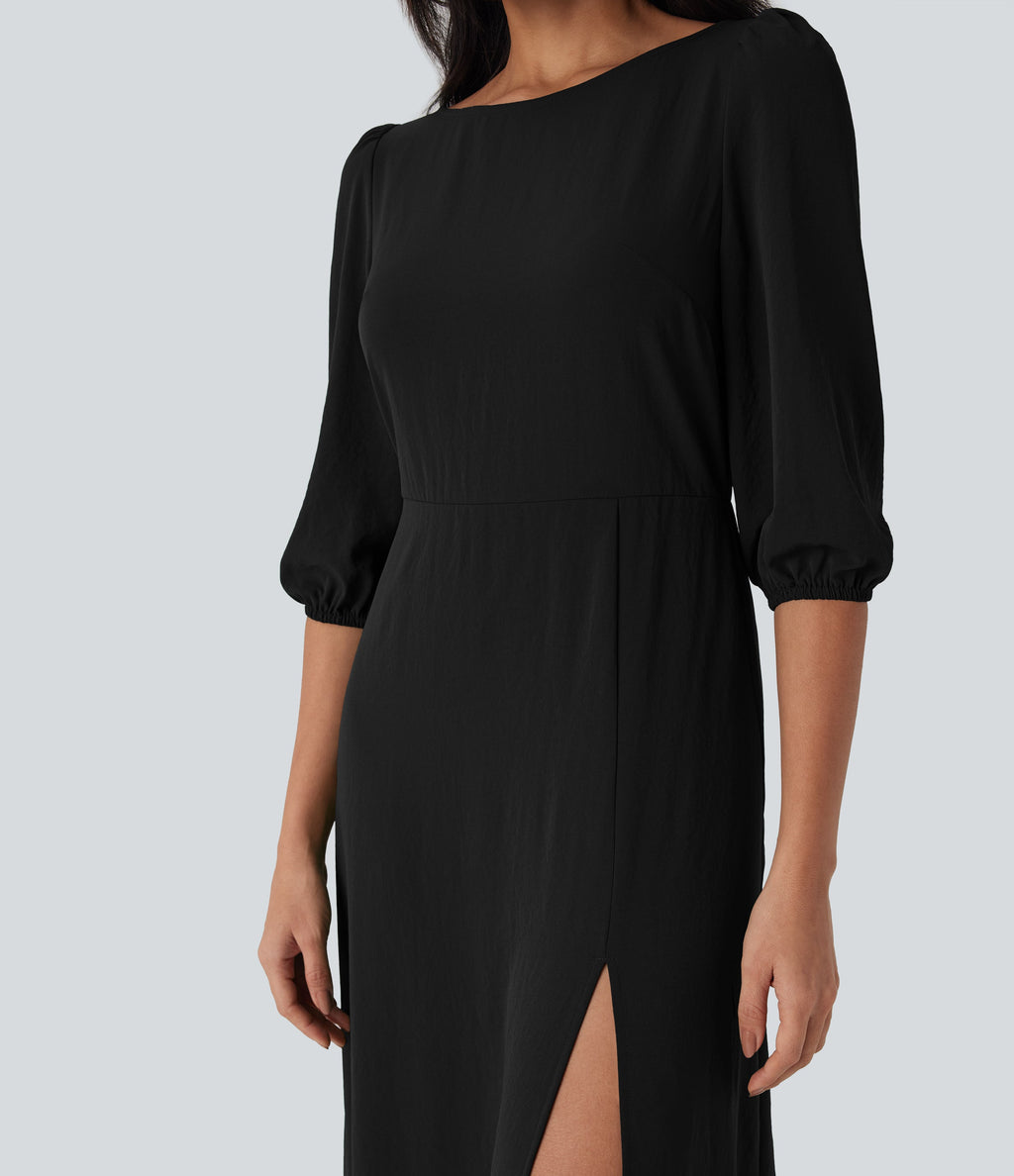 Tie Back Zipper Puff Sleeve Dress