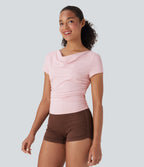 Cowl Neck Short Sleeve Ruched Yoga Top
