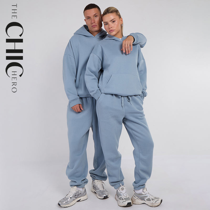 Unisex Blue Minimalist Fleece Hoodie & Jogger Set Neutral Lounge Set