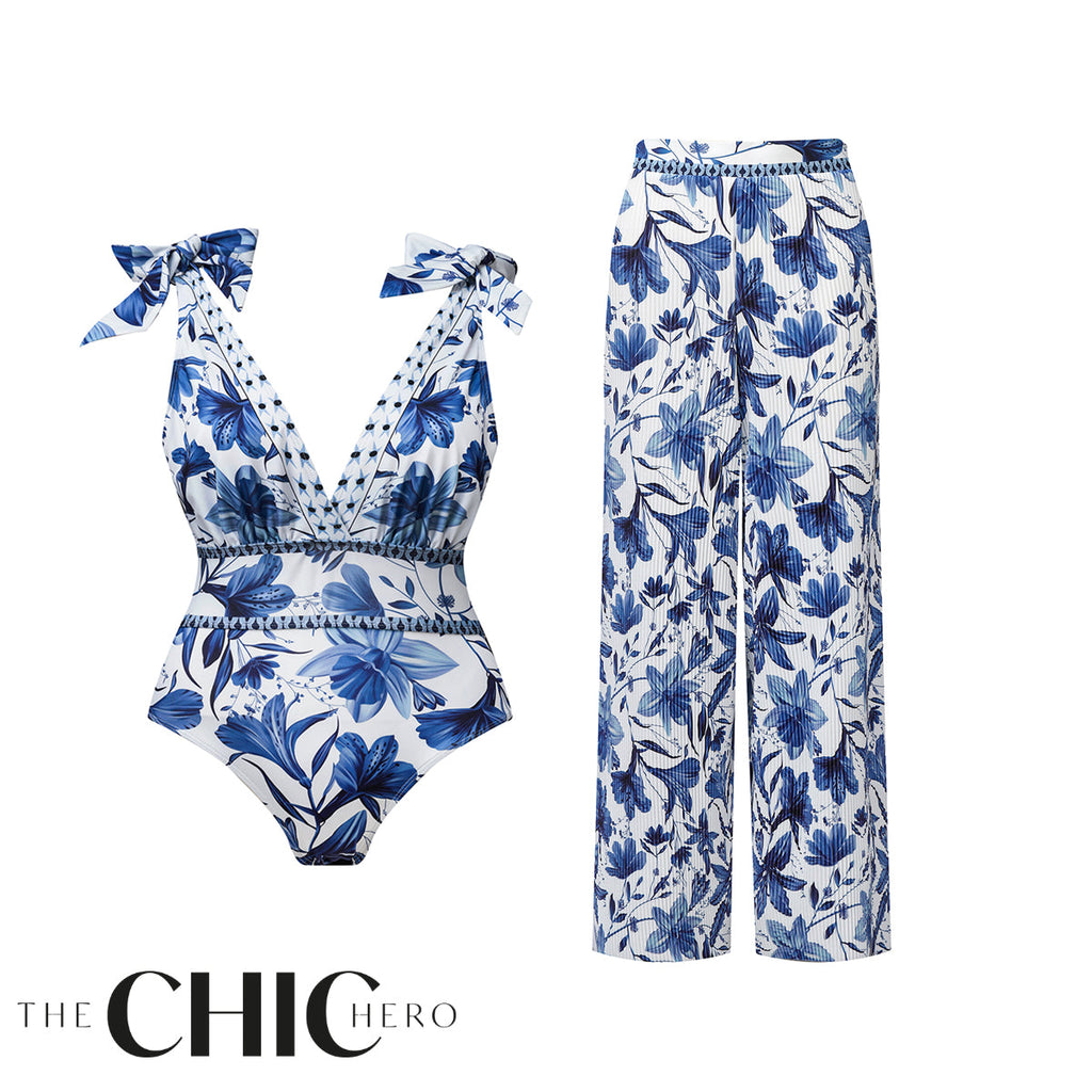 V Neck Lace Up Boho Breeze Blue Floral Swimsuit&Pants