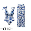 V Neck Lace Up Boho Breeze Blue Floral Swimsuit&Pants