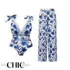 V Neck Lace Up Boho Breeze Blue Floral Swimsuit&Pants