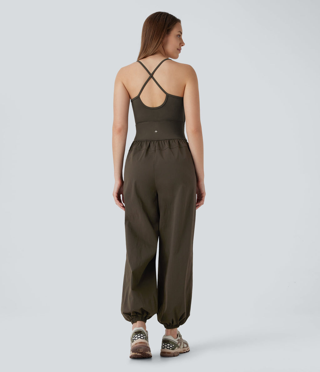 Water Repellent Crisscross Backless Side Pockets Ripstop Hiking Cargo Jumpsuit