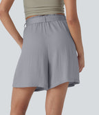 High Waisted Belted Casual Linen-Feel Bermuda Shorts with Pockets