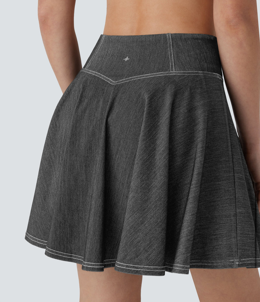 FlexTM High Waisted 2-in-1 Cool Touch Washed Stretchy Knit Denim Mini Tennis Skirt with Pockets