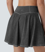 FlexTM High Waisted 2-in-1 Cool Touch Washed Stretchy Knit Denim Mini Tennis Skirt with Pockets