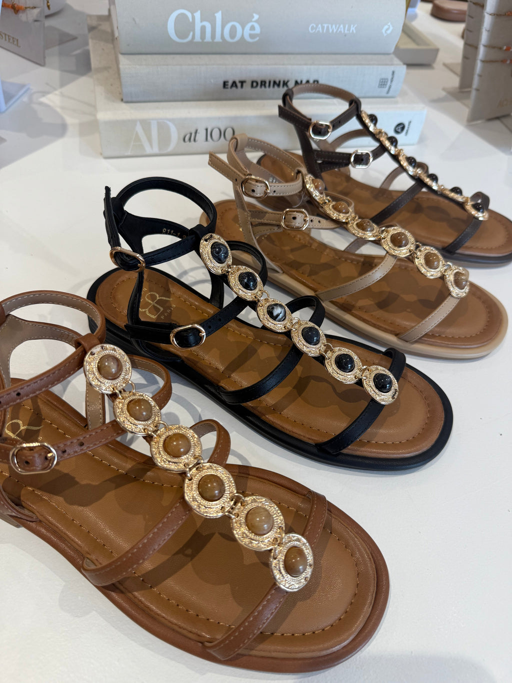 Stone Detail Gold Hardware Sandal (4 Colours)