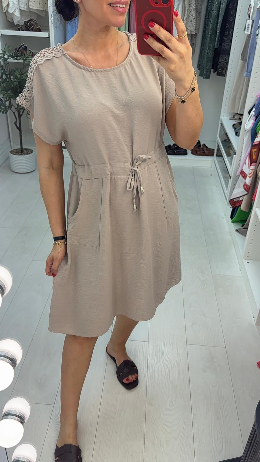 Quinnie Crochet Detailed Drawstring Waist Midi Dress