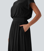 SoCinched Tummy Control Batwing Sleeve Flowy Midi Work Dress with Pockets