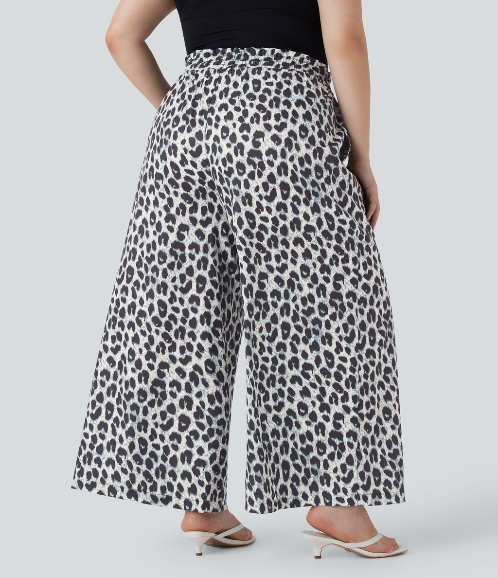 Plus Size High Waisted Drawstring Leopard Print Wide Leg Casual Pants with Pockets