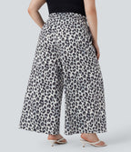 Plus Size High Waisted Drawstring Leopard Print Wide Leg Casual Pants with Pockets