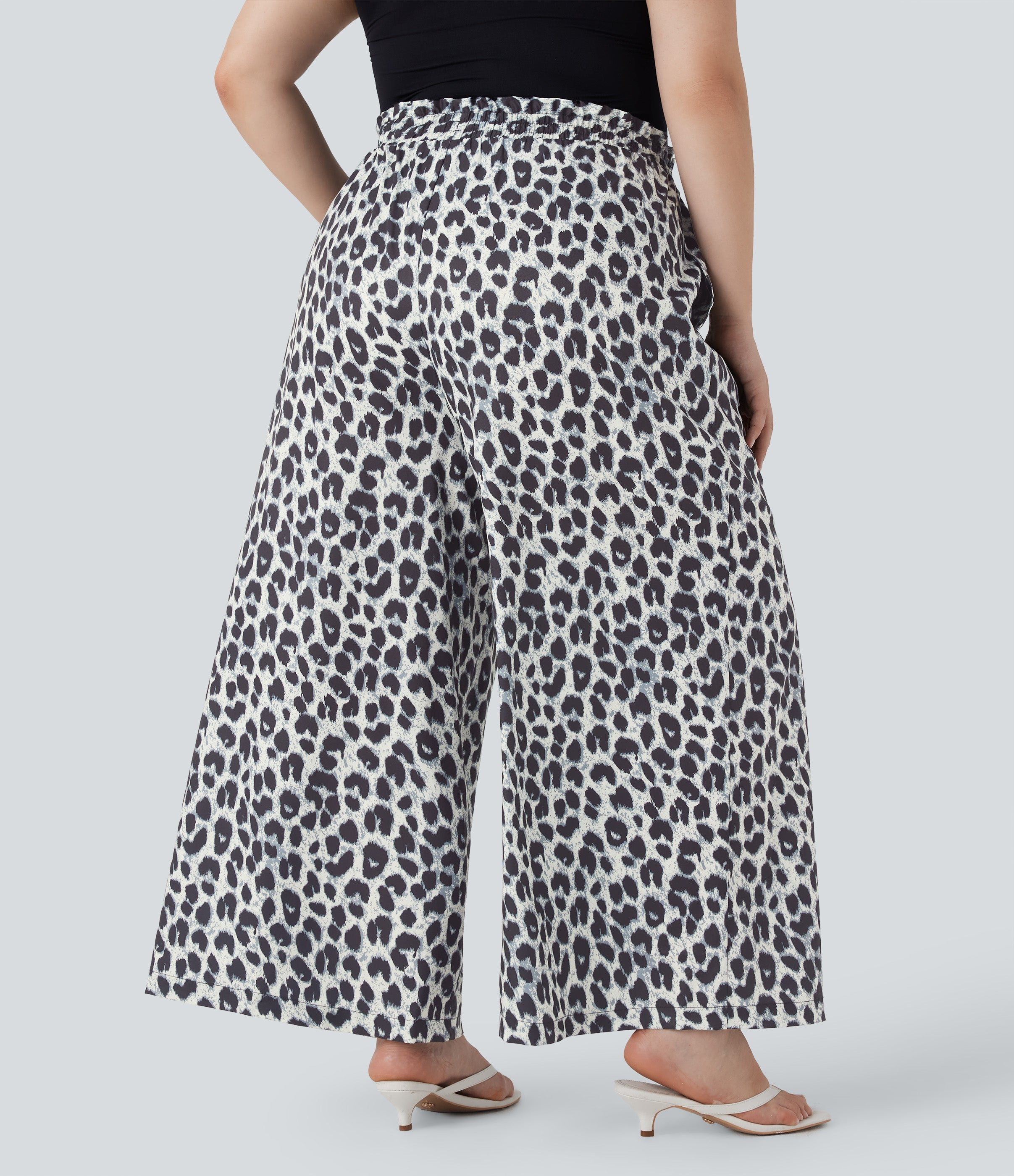 Plus Size High Waisted Drawstring Leopard Print Wide Leg Casual Pants with Pockets