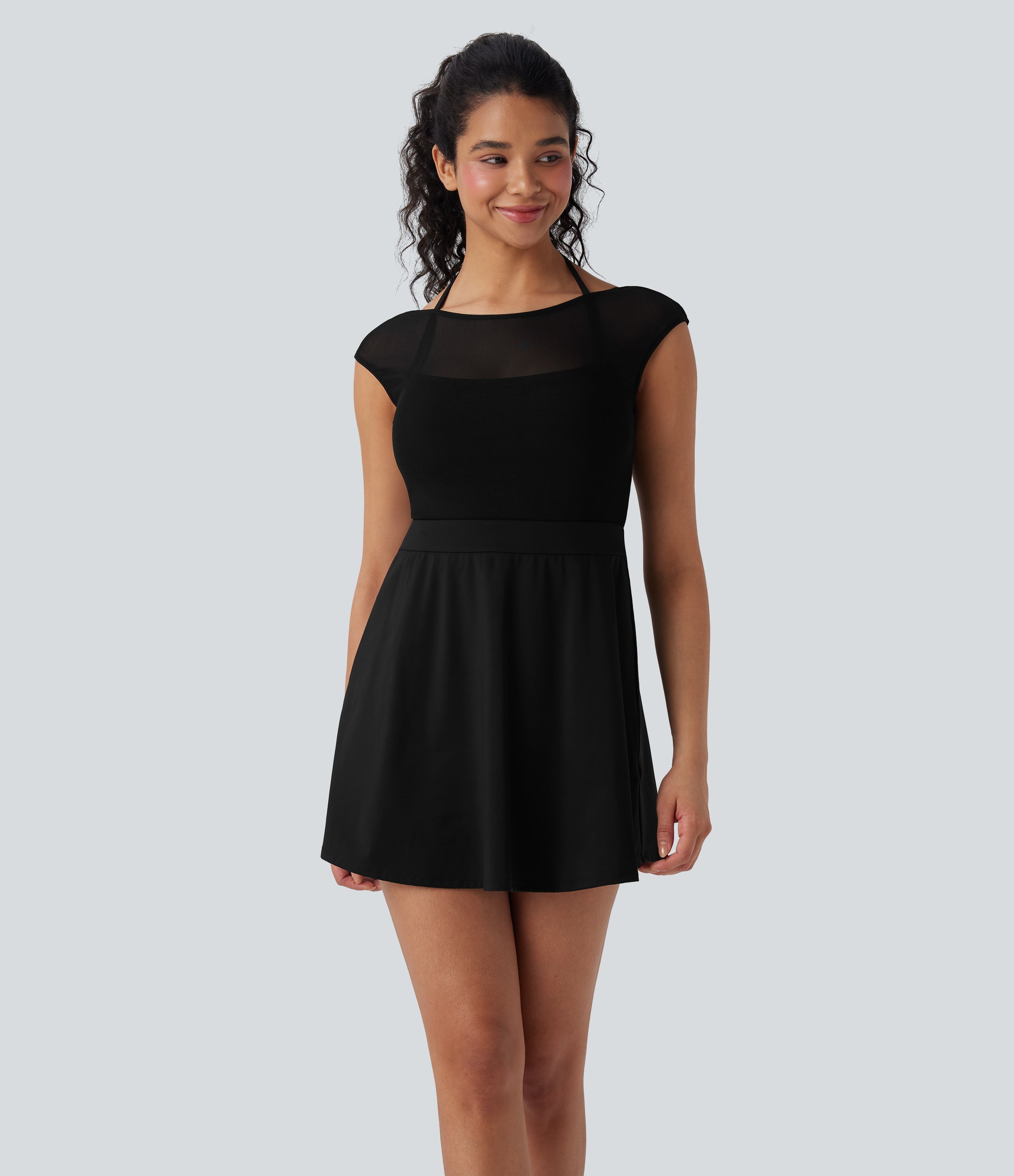 SoftlyZeroTM Airy Halter Adjustable Buckle Contrast Mesh Cool Touch Yoga Active Dress-Easy Peezy-UPF50+