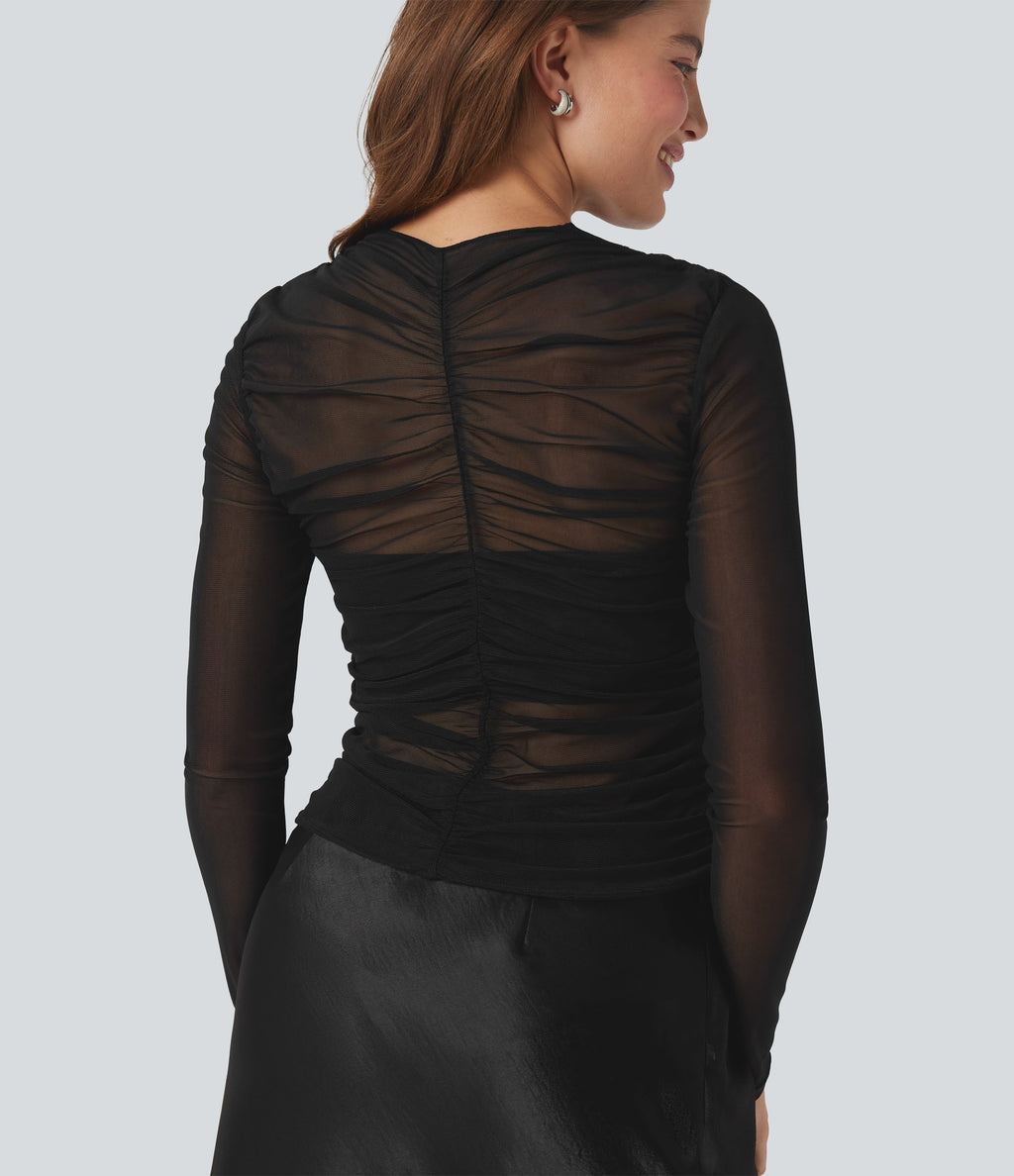 Sheer Mesh Crossover V Neck Ruched Casual Top
