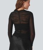 Sheer Mesh Crossover V Neck Ruched Casual Top