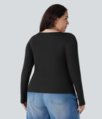 Plus Size Ribbed Henley Neck Long Sleeve Casual Top
