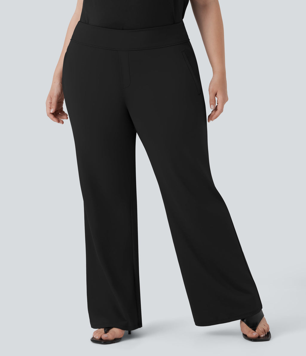 Plus Size FlexTM High Waisted Work Flare Pants with Side Zip Pockets
