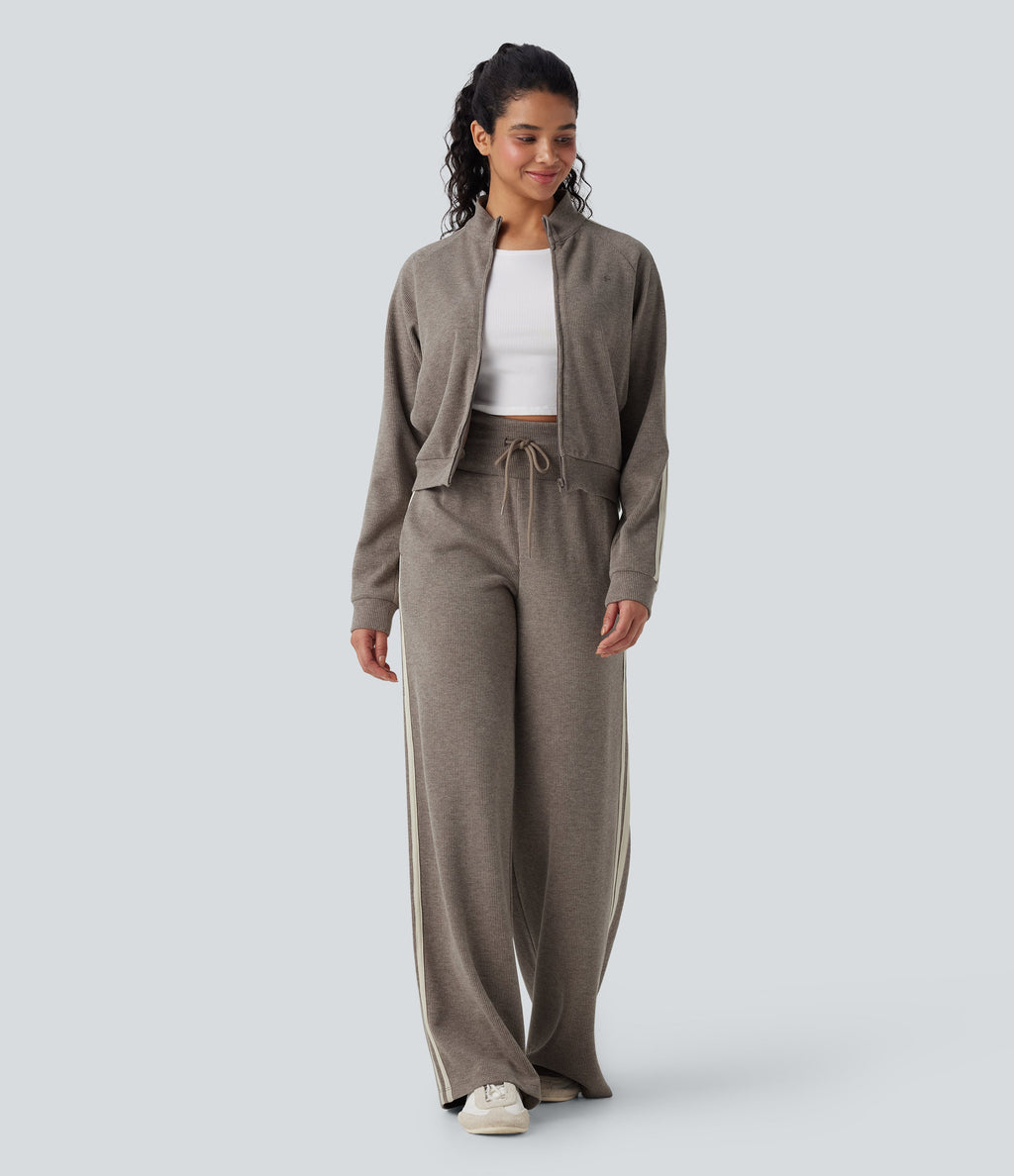 Ribbed SoCinched High Waisted Tummy Control Drawstring Wide Leg Color Block Casual Pants with Pockets