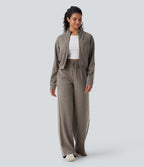Ribbed SoCinched High Waisted Tummy Control Drawstring Wide Leg Color Block Casual Pants with Pockets