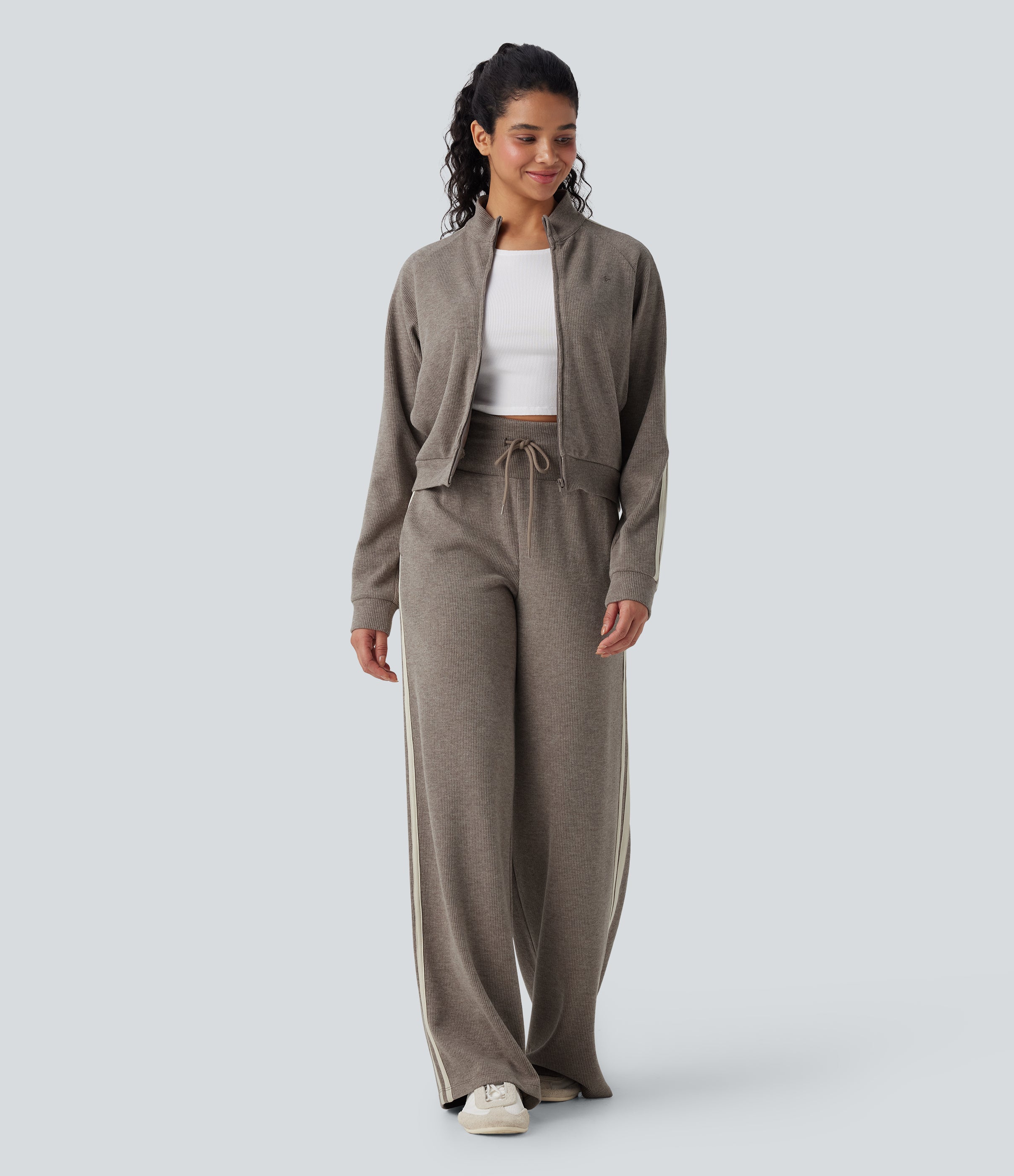 2026🔥 Ribbed SoCinched High Waisted Tummy Control Drawstring Wide Leg Color Block Casual Trousers with Pockets