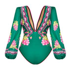 Green Grape Blossom Tropical Vineyard V-Neck Long Sleeves Swimsuit & Skirt