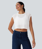 Round Neck Cap Sleeve Cut Out Casual Top