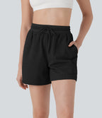 High Waisted Drawstring Waffle Yoga Shorts with Pockets
