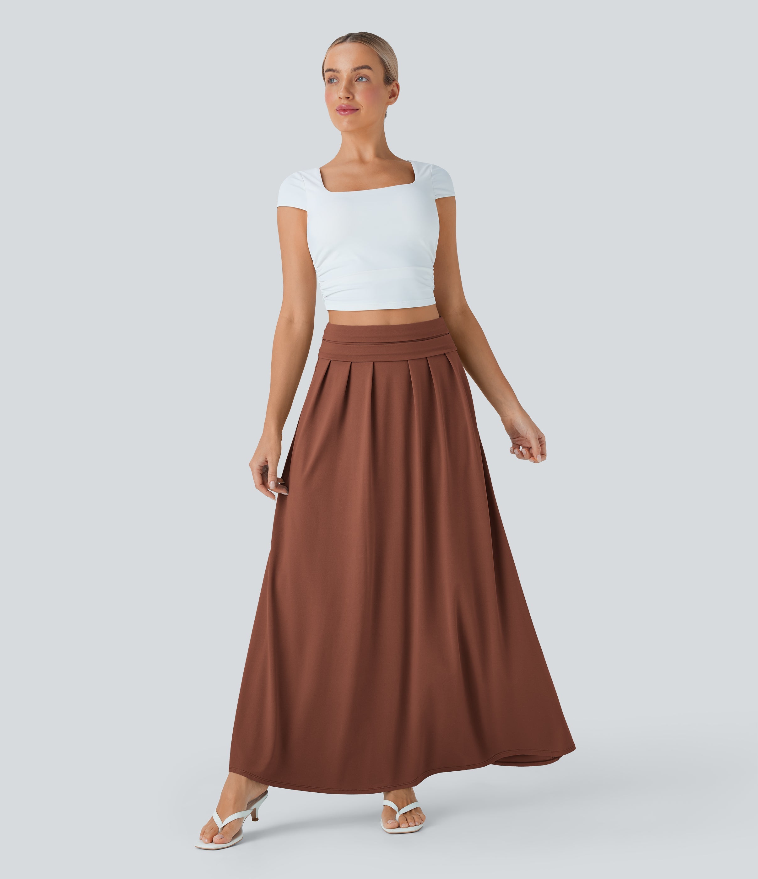 Socinched High Waisted Tummy Control Flare Maxi Casual Skirt with Pockets