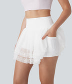 SoCinched High Waisted Tummy Control Contrast Mesh 2-in-1 Mini Dance Skirt with Pockets