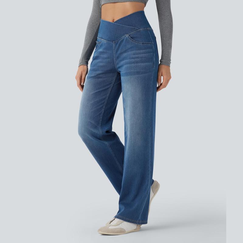 2026🔥 FlexTM High Waisted Multiple Pockets Baggy Wide Leg Washed Stretchy Knit Casual Jeans
