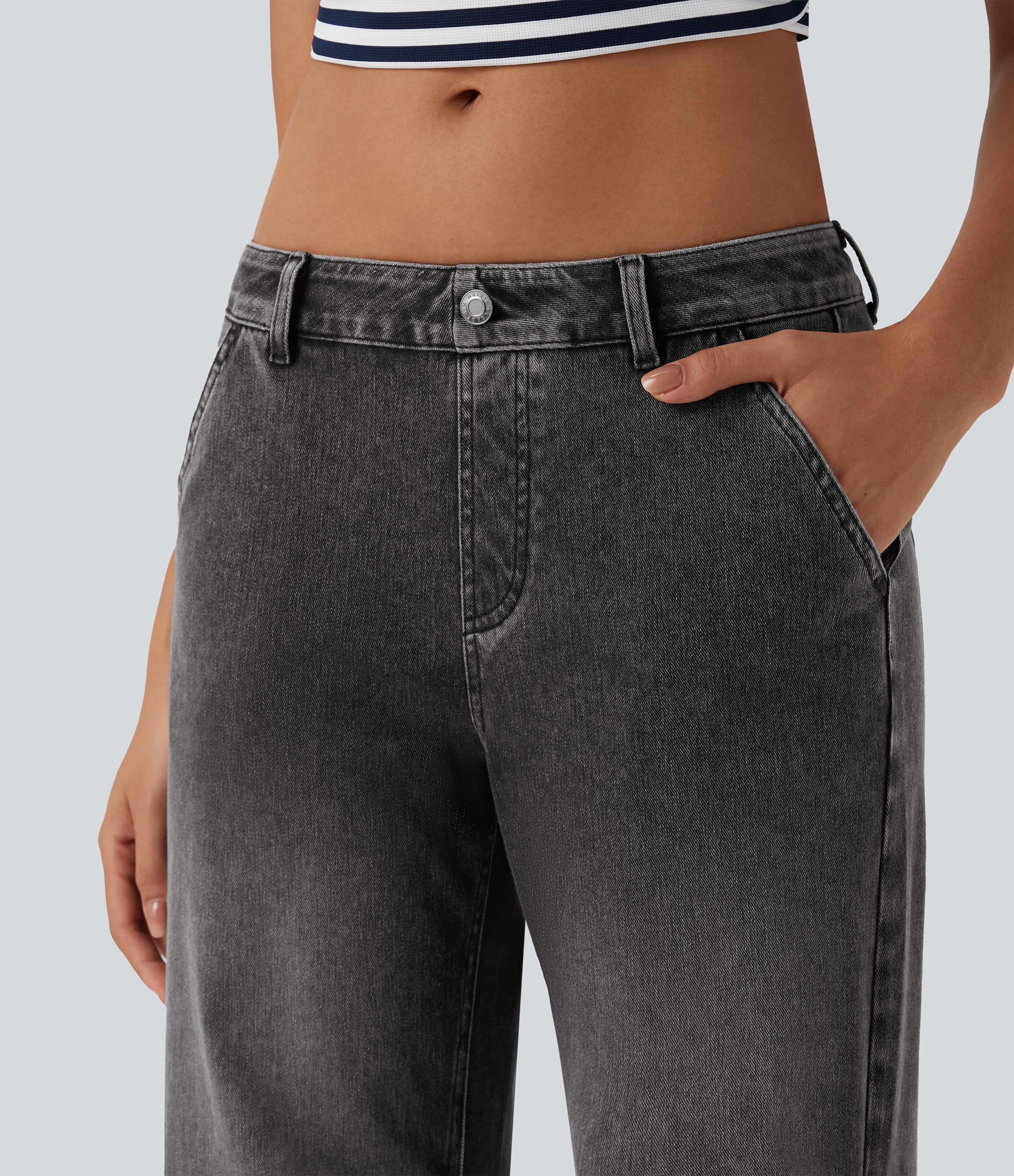FlexTM Low Rise Adjustable Drawcord Stretchy Knit Casual Parachute Jeans with Multiple Pockets