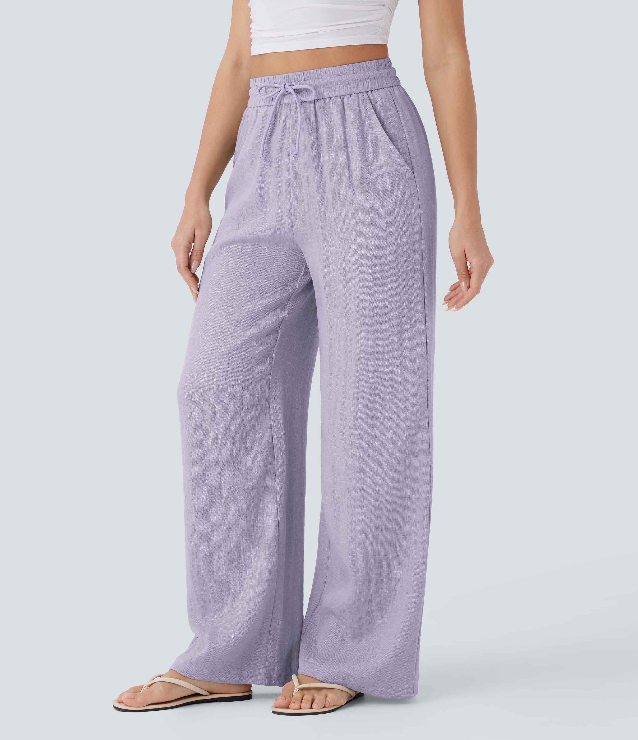 Women Summer High Waisted Drawstring Pocket Wide Leg Casual Linen-Feel Pants
