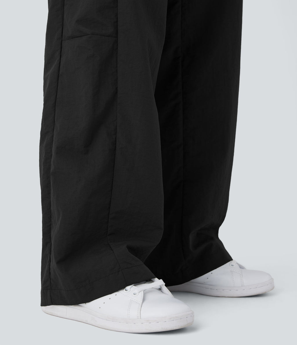 Low Rise Drawstring Ruffle Trim Dance Barrel Leg Pants with Pockets