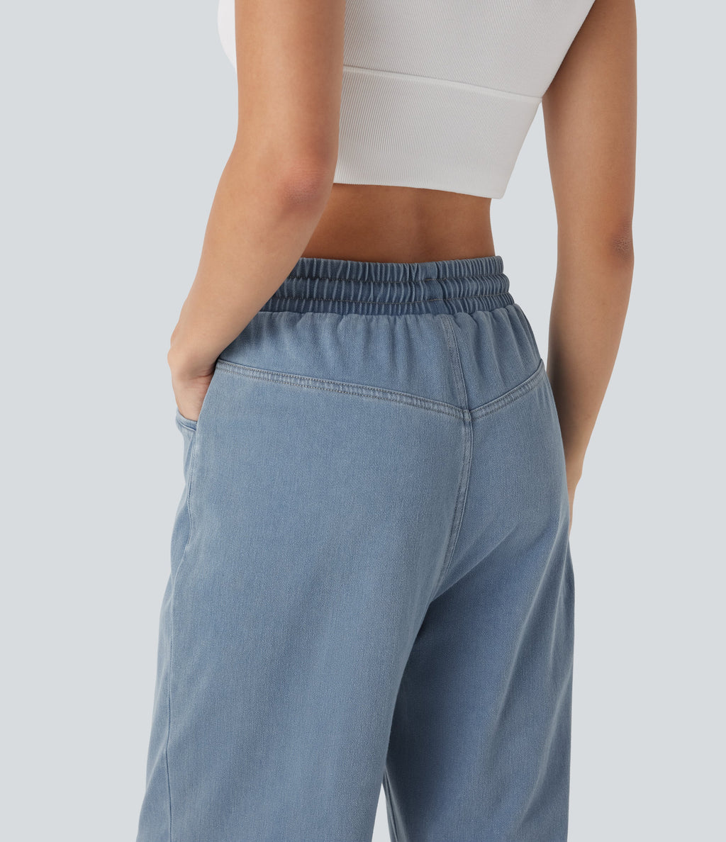 FlexTM High Waisted Drawstring Wide Leg Cool Touch Casual Jeans with Pockets