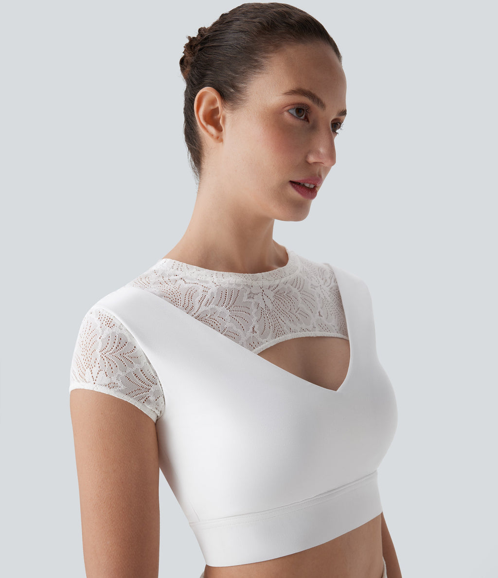 SoftlyZeroTM Contrast Lace Short Sleeve Cropped Yoga Sports Top-UPF50+