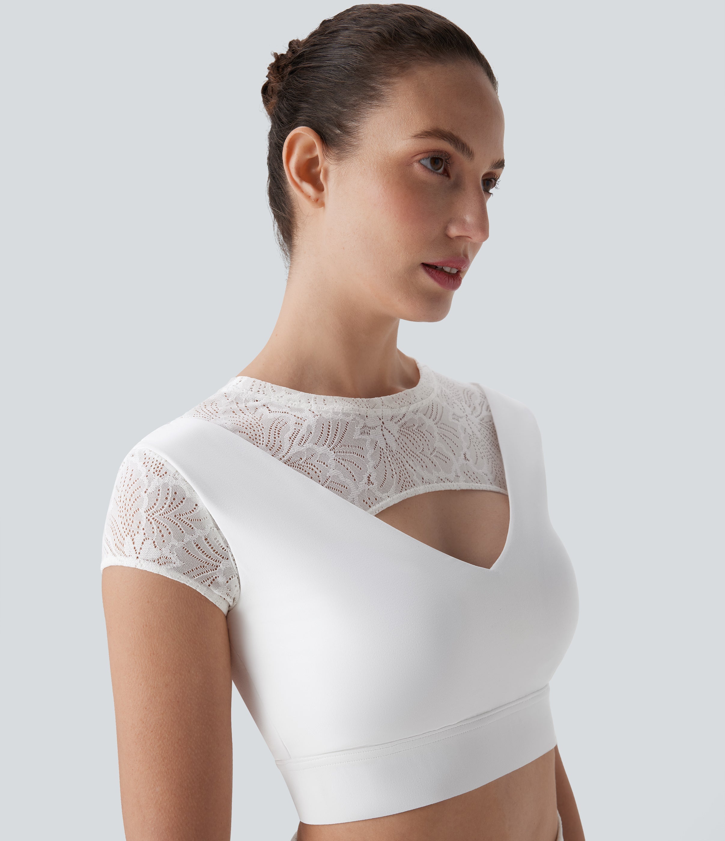 SoftlyZeroTM Contrast Lace Short Sleeve Cropped Yoga Sports Top-UPF50+