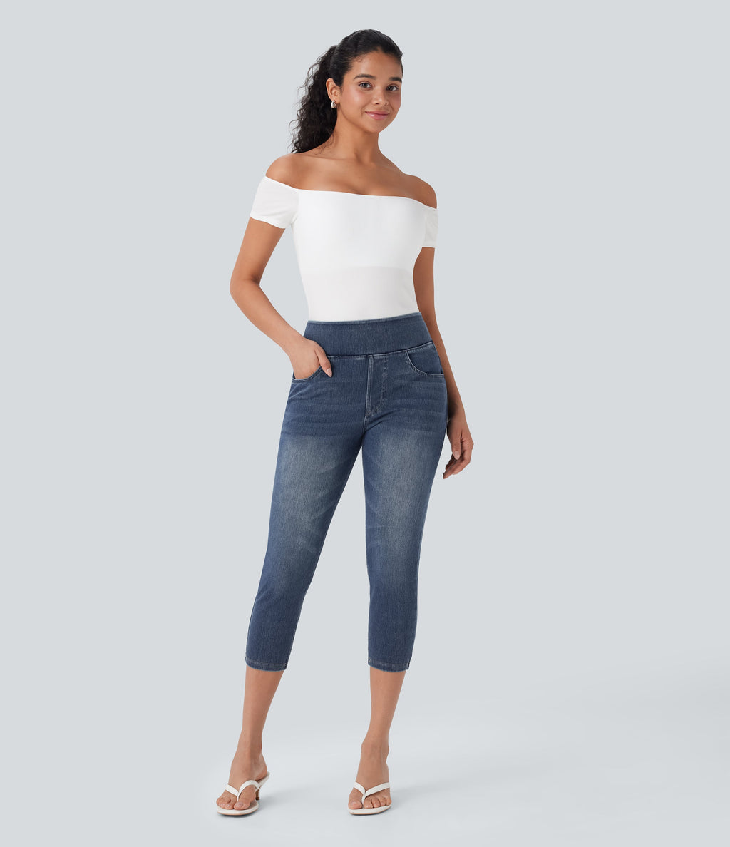 FlexTM High-Waisted Denim Casual Capri Leggings with Pockets