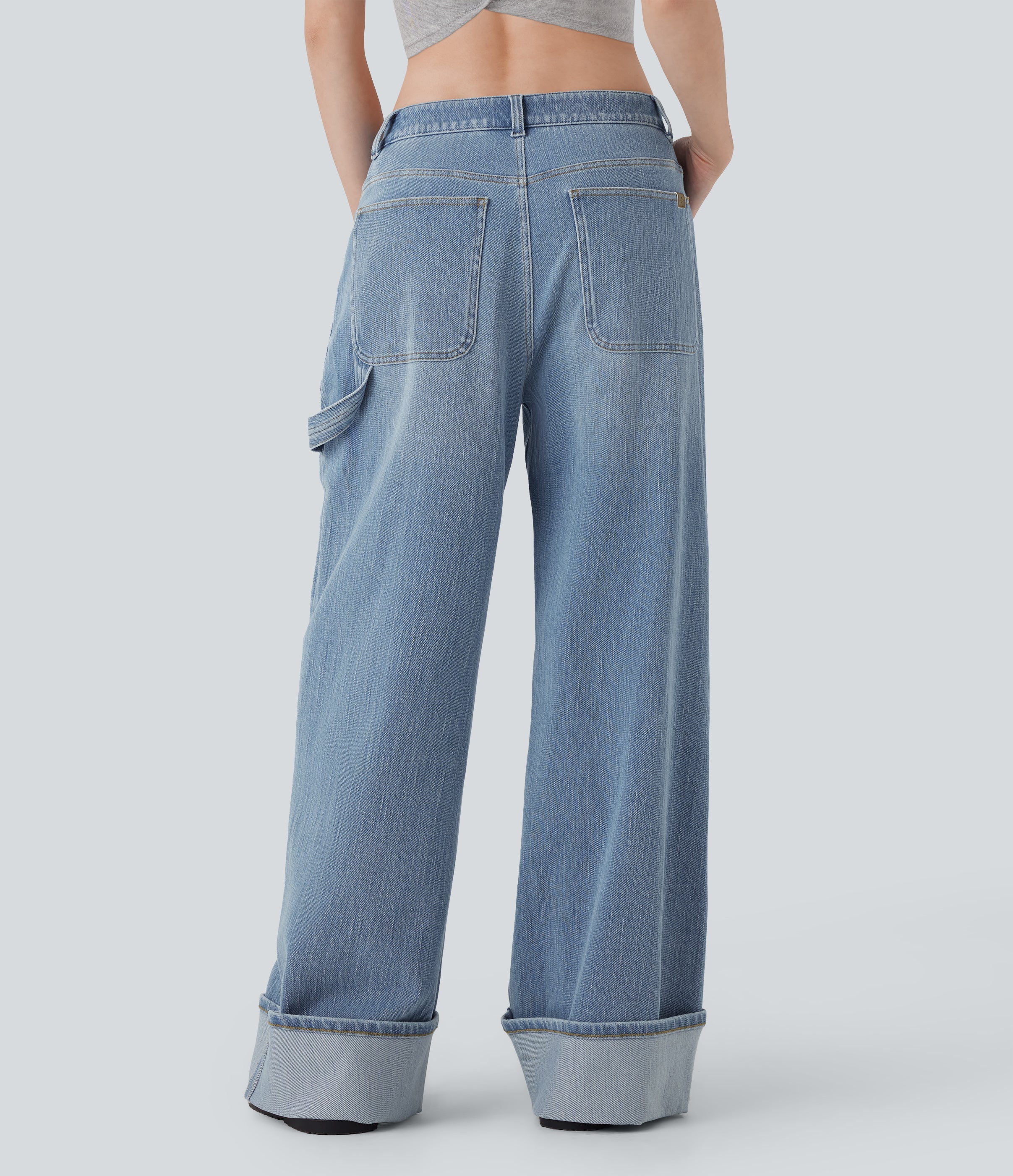 FlexTM Low Rise Rolled Hem Washed Casual Baggy Jeans with Pockets