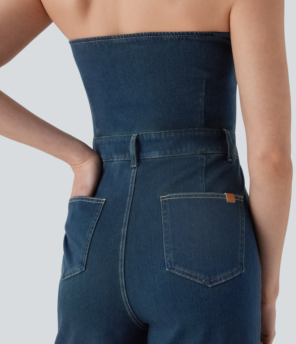 FlexTM Halter Wide Leg Denim Casual Jumpsuit with Pockets