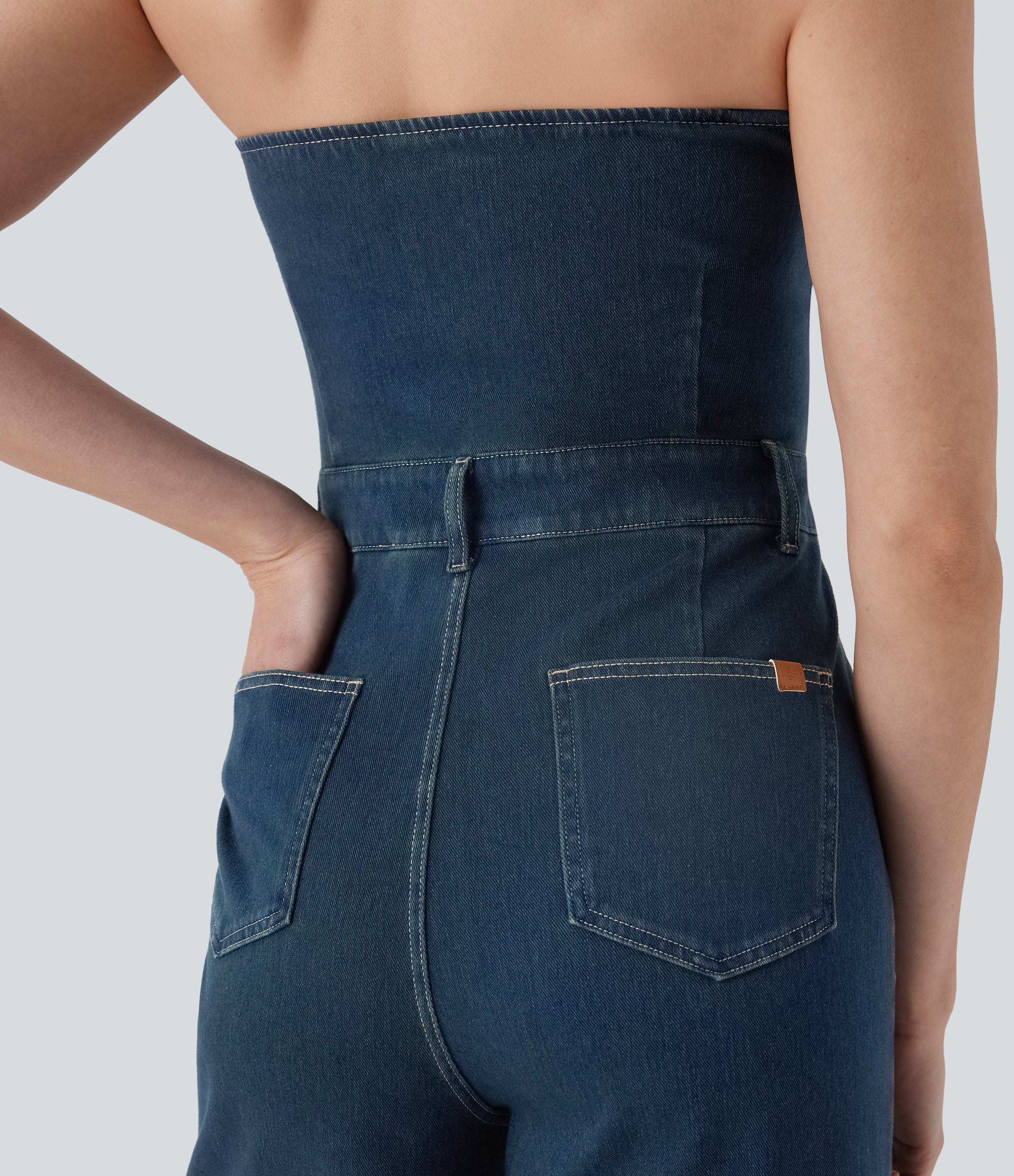 FlexTM Halter Wide Leg Denim Casual Jumpsuit with Pockets