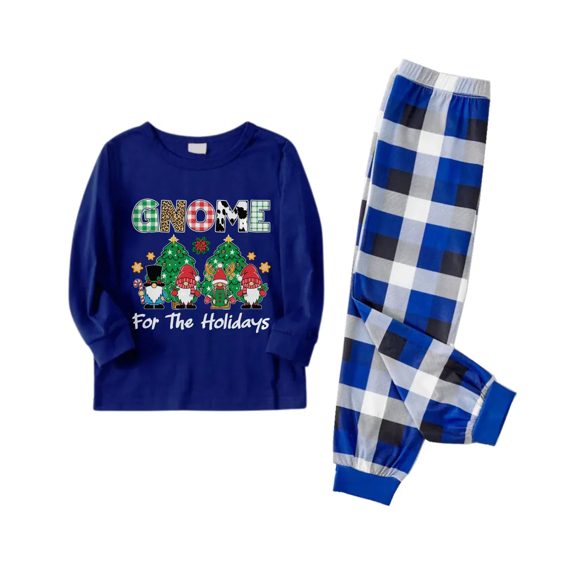 Christmas Family Matching Pajamas-Navy & White Plaid Pjs Set with "Gnome For The Holidays" Print